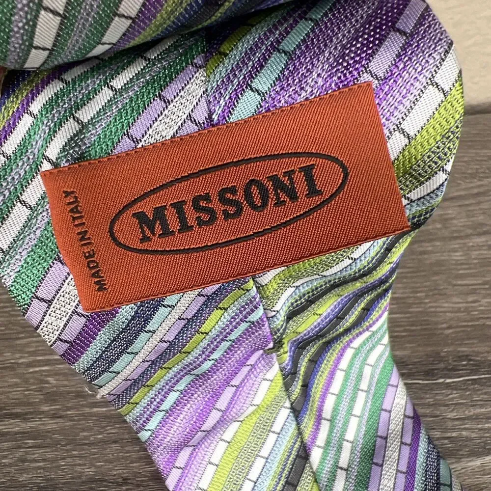 Missoni Geometric Striped Silk Necktie Purple Green Luxury Designer Italy 60